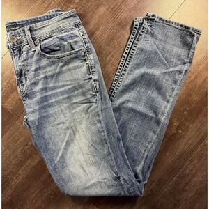 BKE Jake Straight Jeans Mens 32x34 Blue Light Wash Distressed Denim Straight Leg